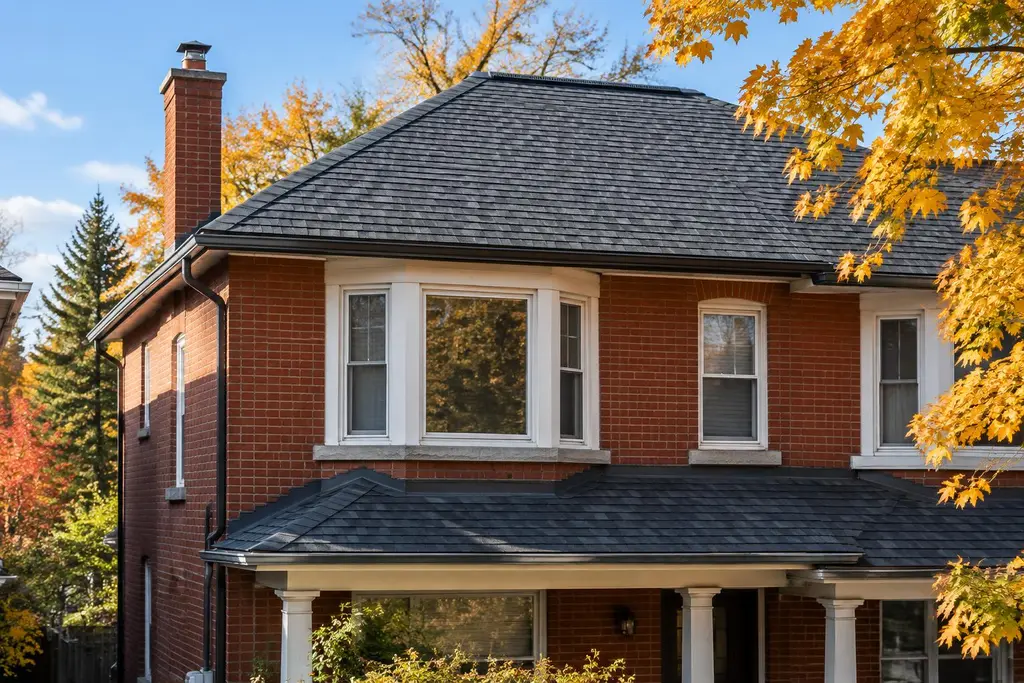 A new charcoal asphalt shingle roof on a red brick Toronto semi-detached home in autumn