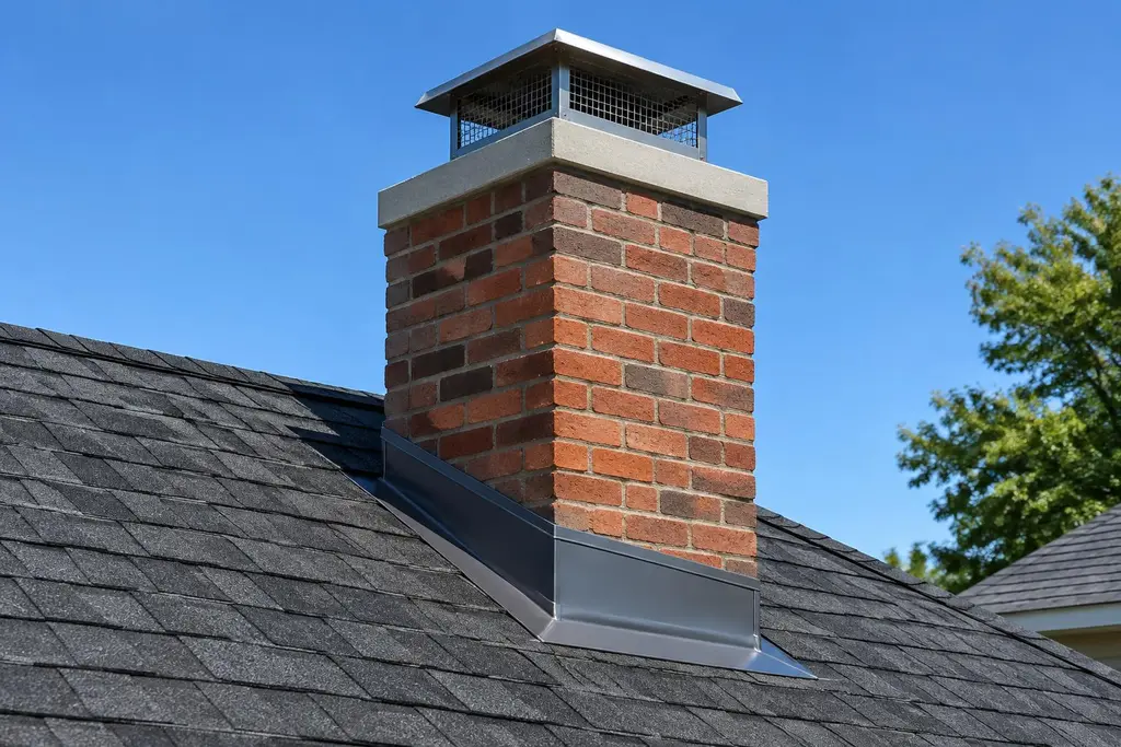 A red brick chimney with a concrete crown, metal flashing and a stainless rain cap