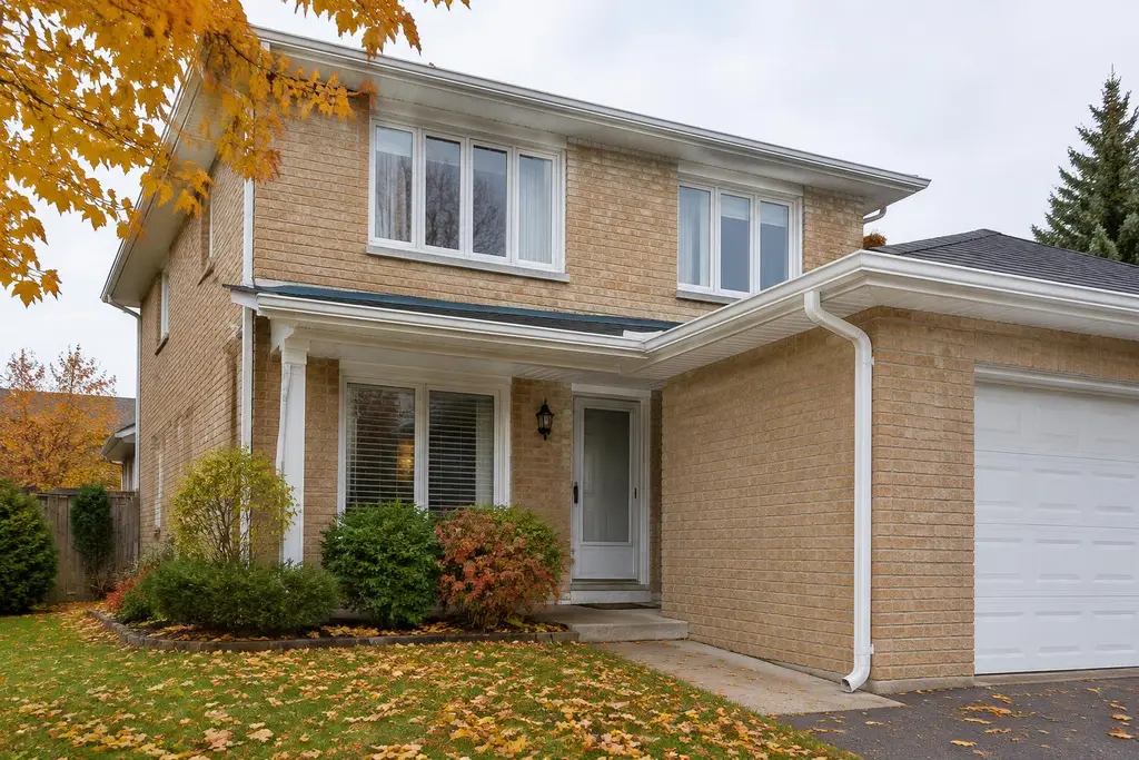 White seamless aluminum eavestrough, downspout, soffit and fascia on a buff brick home