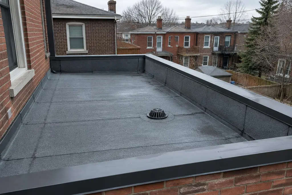 A grey modified bitumen flat roof with a roof drain behind a Toronto brick row house