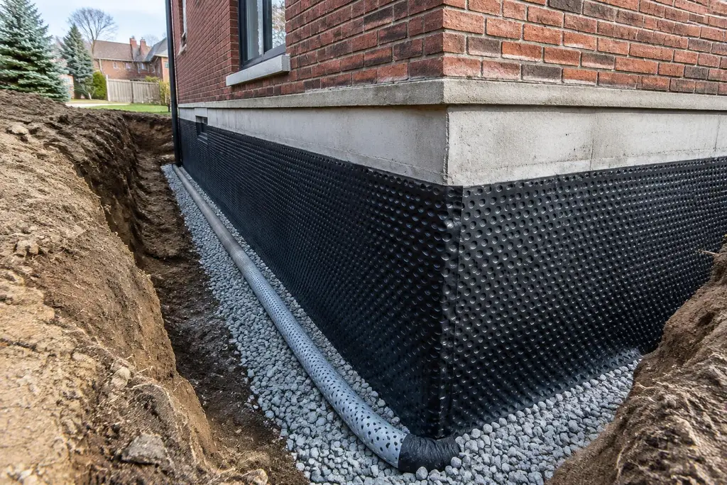 An excavated foundation with dimple membrane, weeping tile and clear gravel