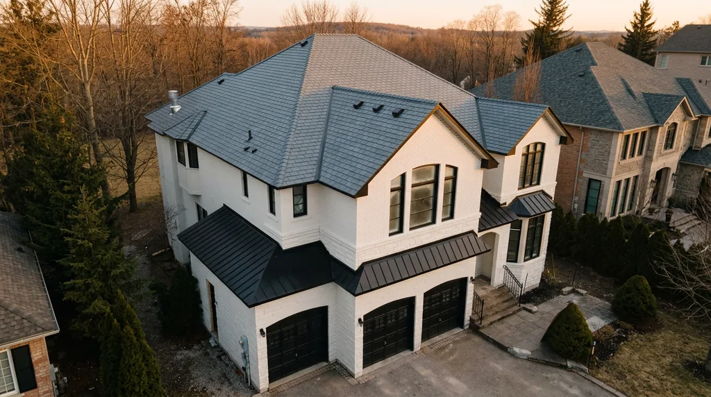 Aerial view at golden hour of a white brick two-storey home with a grey shingle roof and black standing-seam metal roofs over the garage and porch