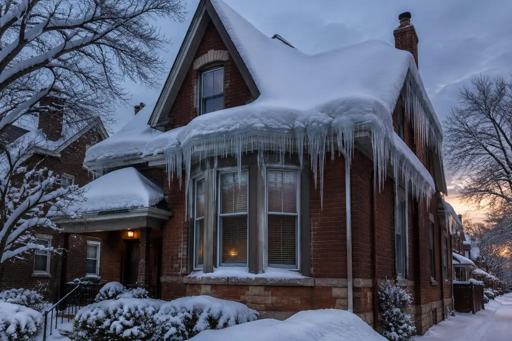 Heavy snow, an ice dam and icicles along the eavestrough of a Toronto brick Victorian