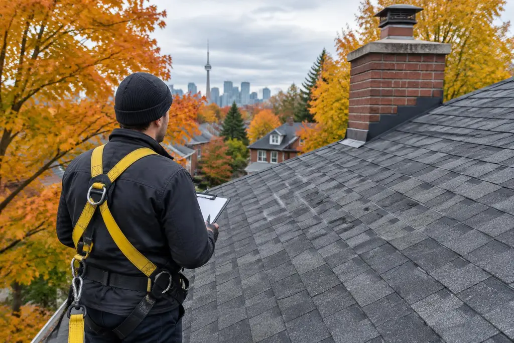 A person in a safety harness inspecting an asphalt shingle roof in autumn