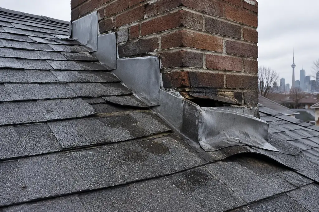 Lifted step flashing and worn shingles around a brick chimney, a common roof leak point