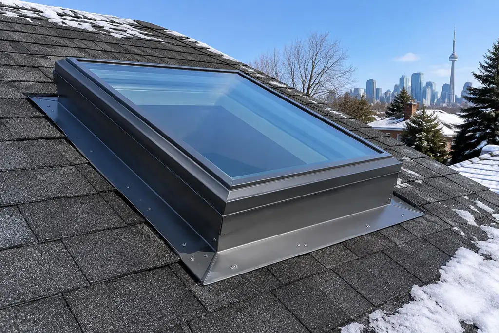 A curb-mounted skylight with metal flashing on an asphalt shingle roof in winter