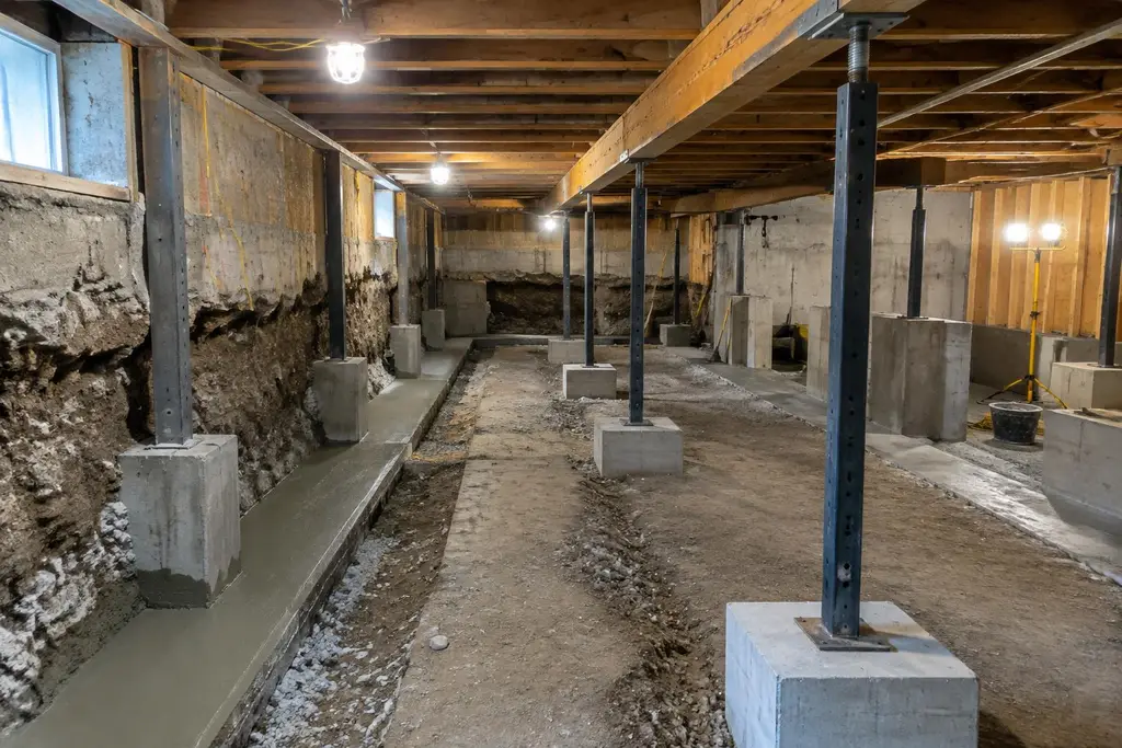 An Ontario basement during underpinning with new concrete footings and shoring posts